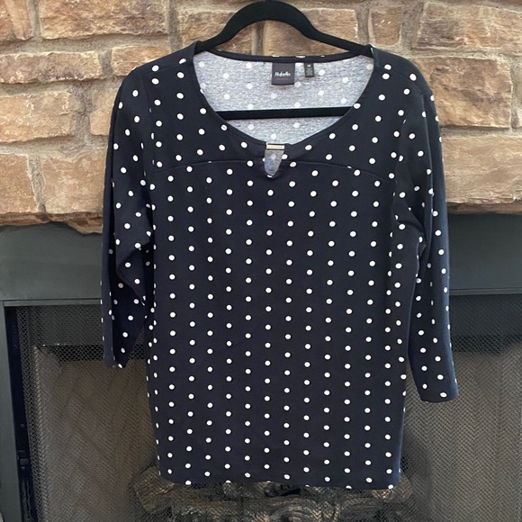 Rafaella Black and White Polka Dot Blouse with keyhole neckline and gold bar  1X - Picture 1 of 7